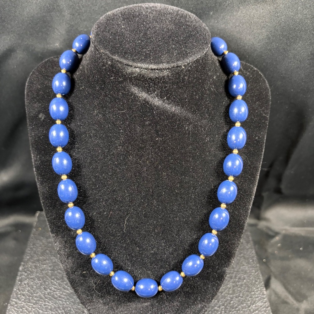 Vintage Genuine Lucite Blue Bead Necklace Hong Kong Mid Century 15.5in